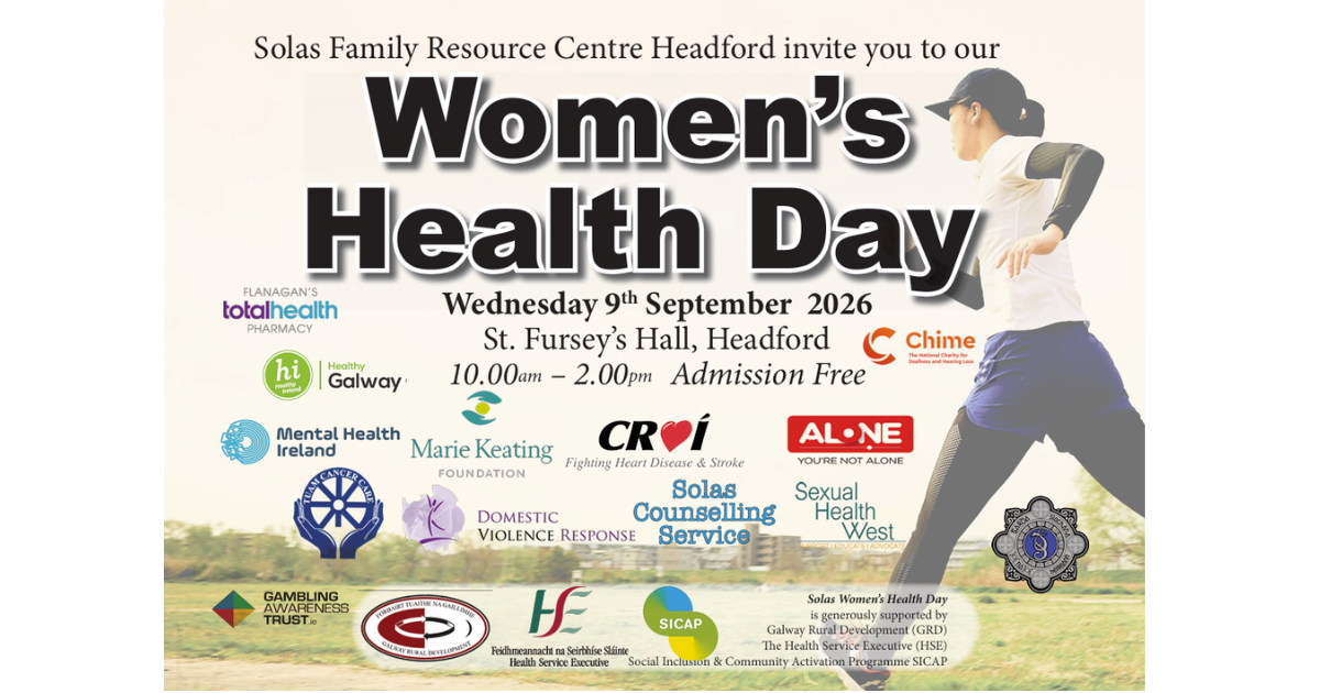 Women's Health Day 2026 Flyer - Wednesday 9th September 2026, St. Fursey's Hall, Headford, 10am–2pm. Admission Free. Featuring Marie Keating Foundation, Croi, Mental Health Ireland, and more.