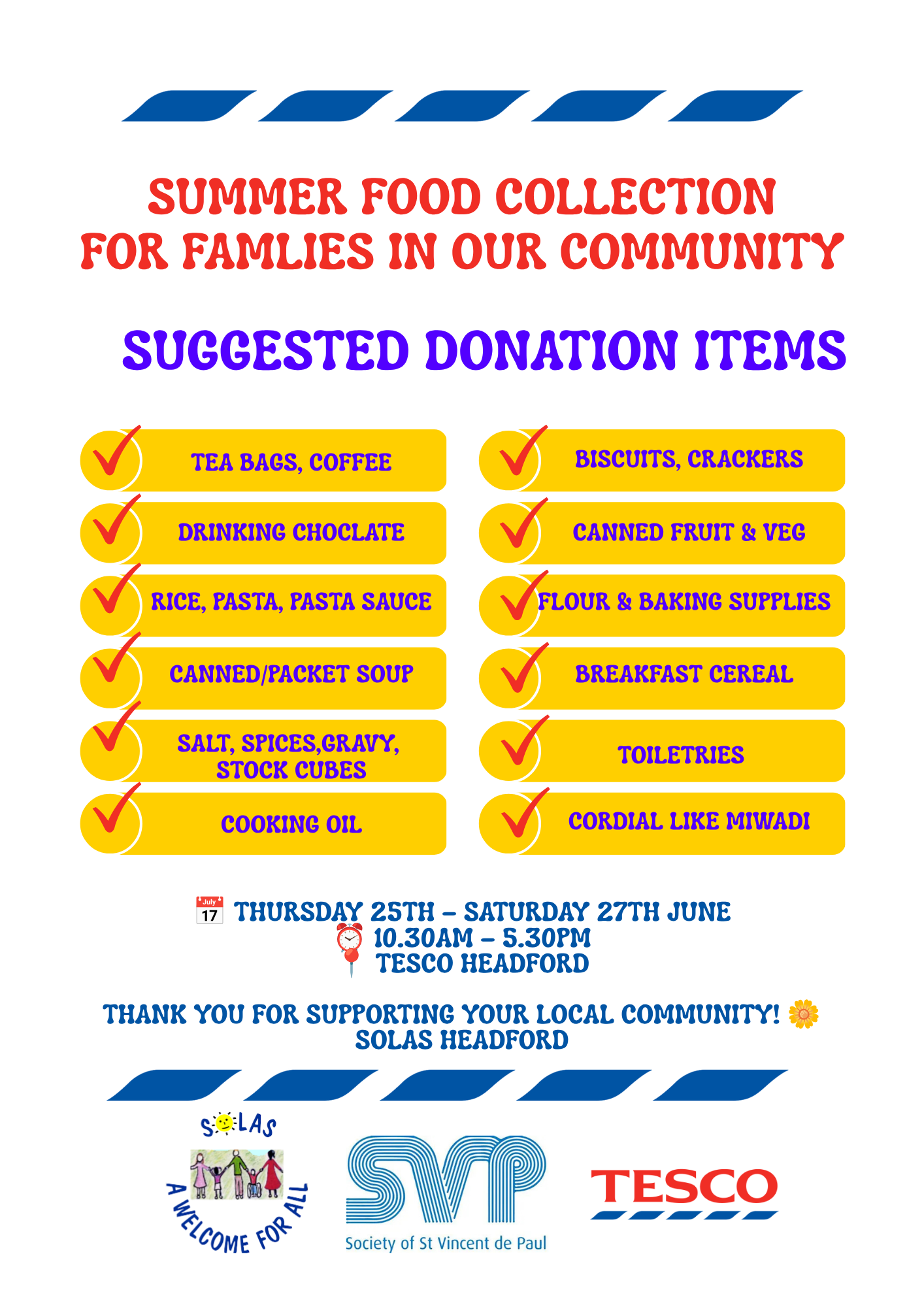 Summer food collection suggested donation items